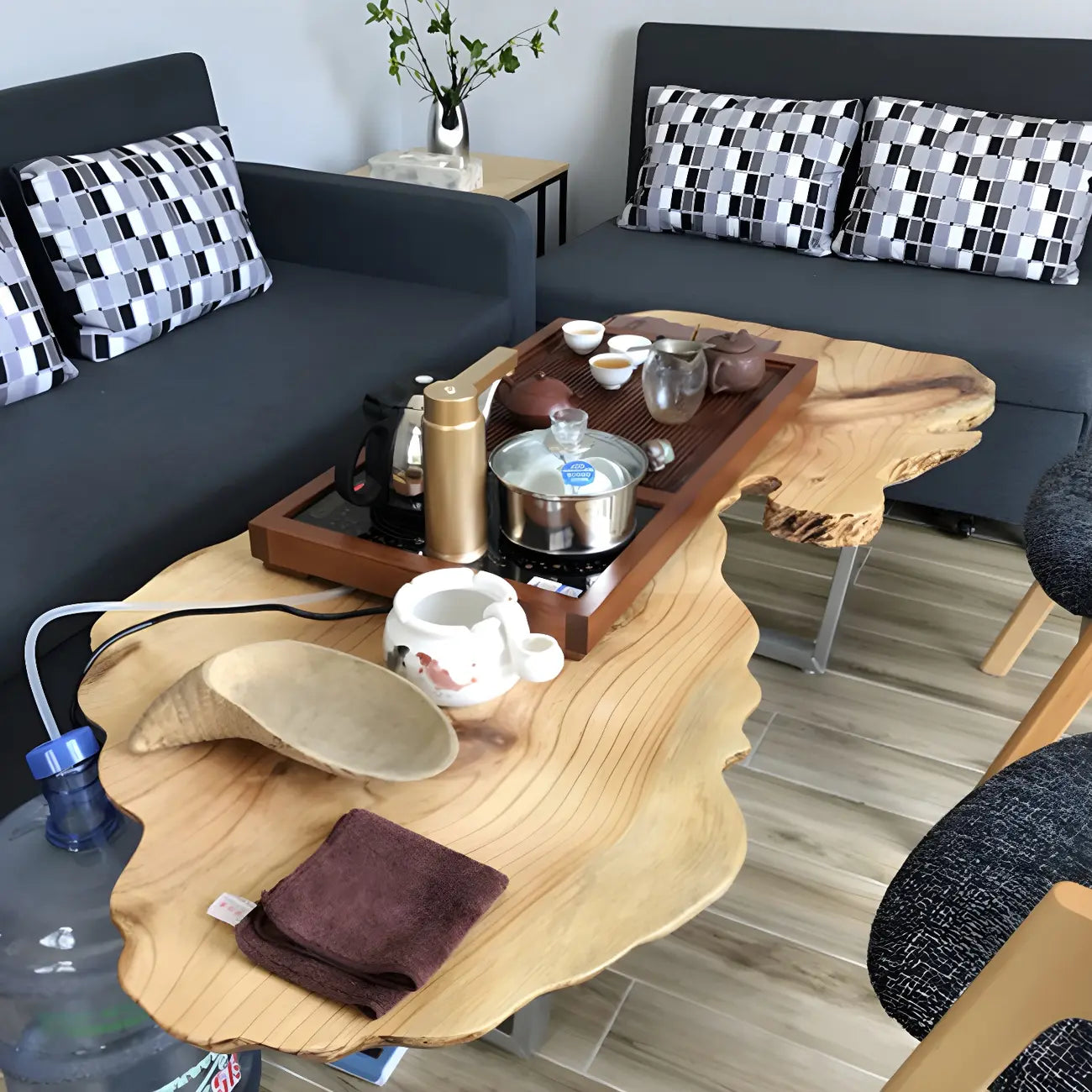 Geometric Modern Red Wood Top Steel Base Coffee Table