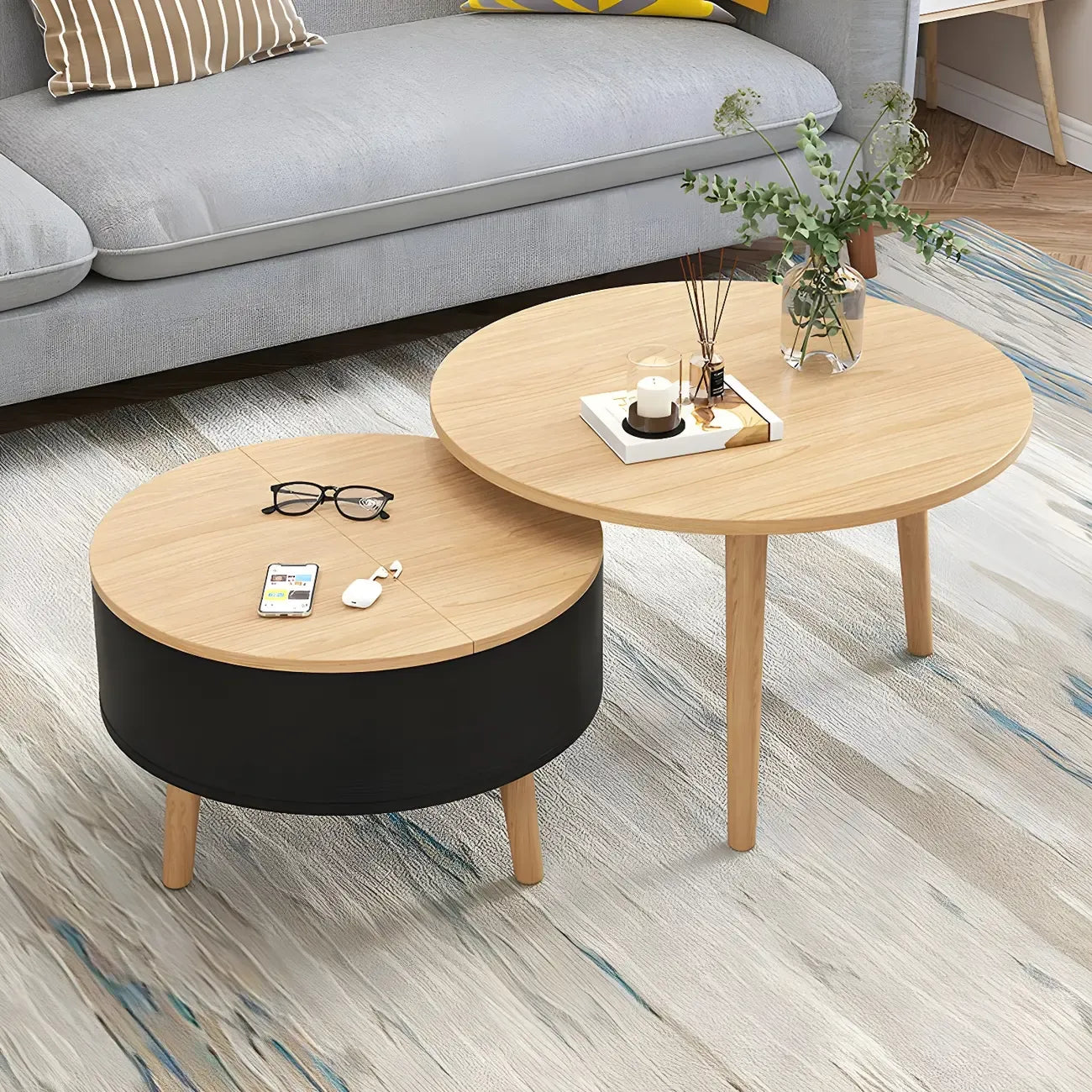 Black White Modern Round Wood Coffee Table with Storage