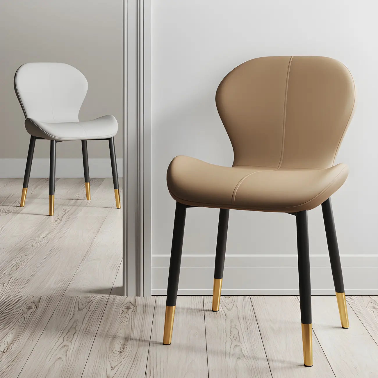 Art Deco Curved Back Leather Dining Chair Solid Back