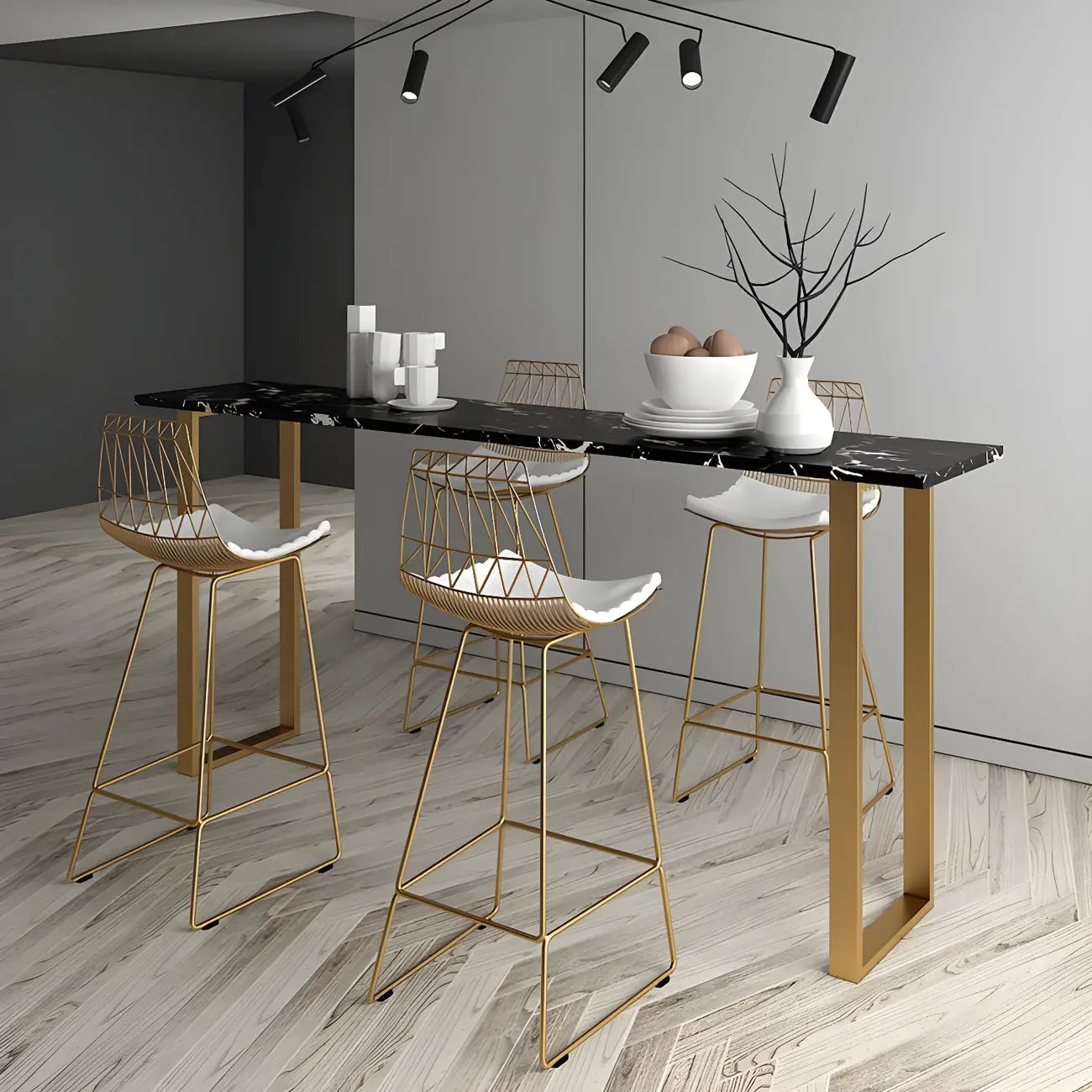 Black Rectangle Marble Tall Bar Table Gold Base