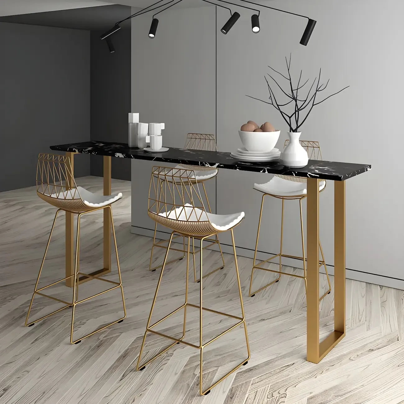 Black Rectangle Marble Tall Bar Table Gold Base