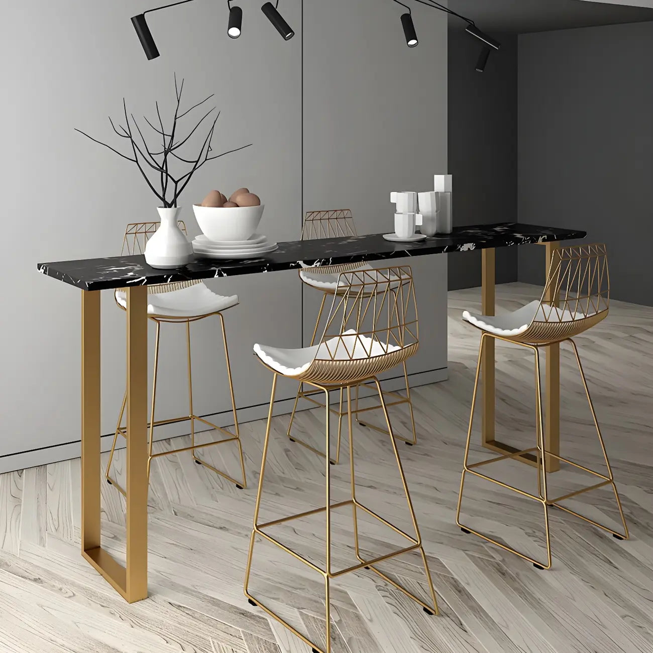 Black Rectangle Marble Tall Bar Table Gold Base