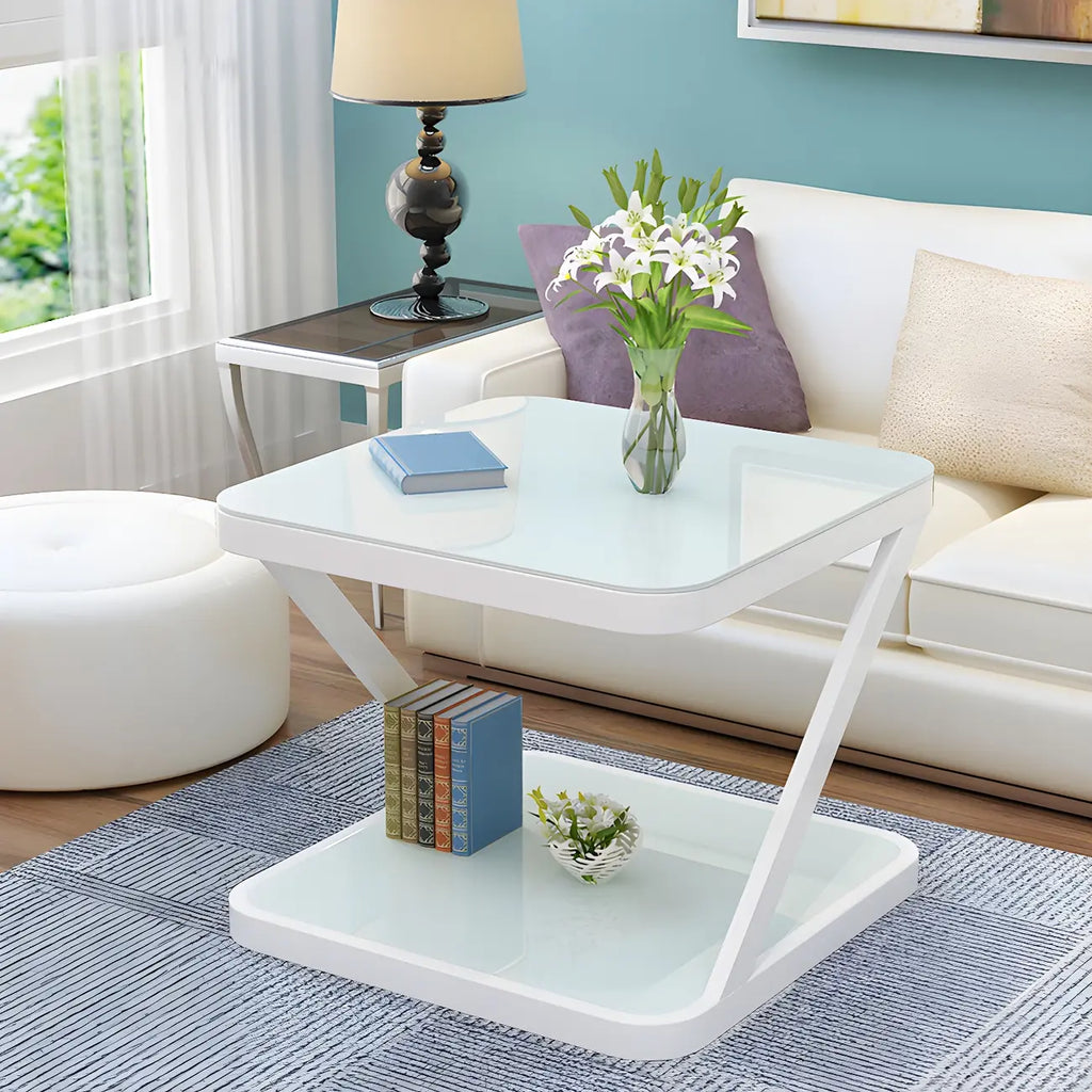 2-Tier Black Glass End Table with Storage for Living Room