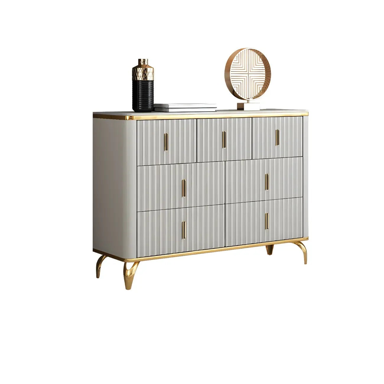 Elegant Gray Wooden Dressers & Chests with Gold Handles