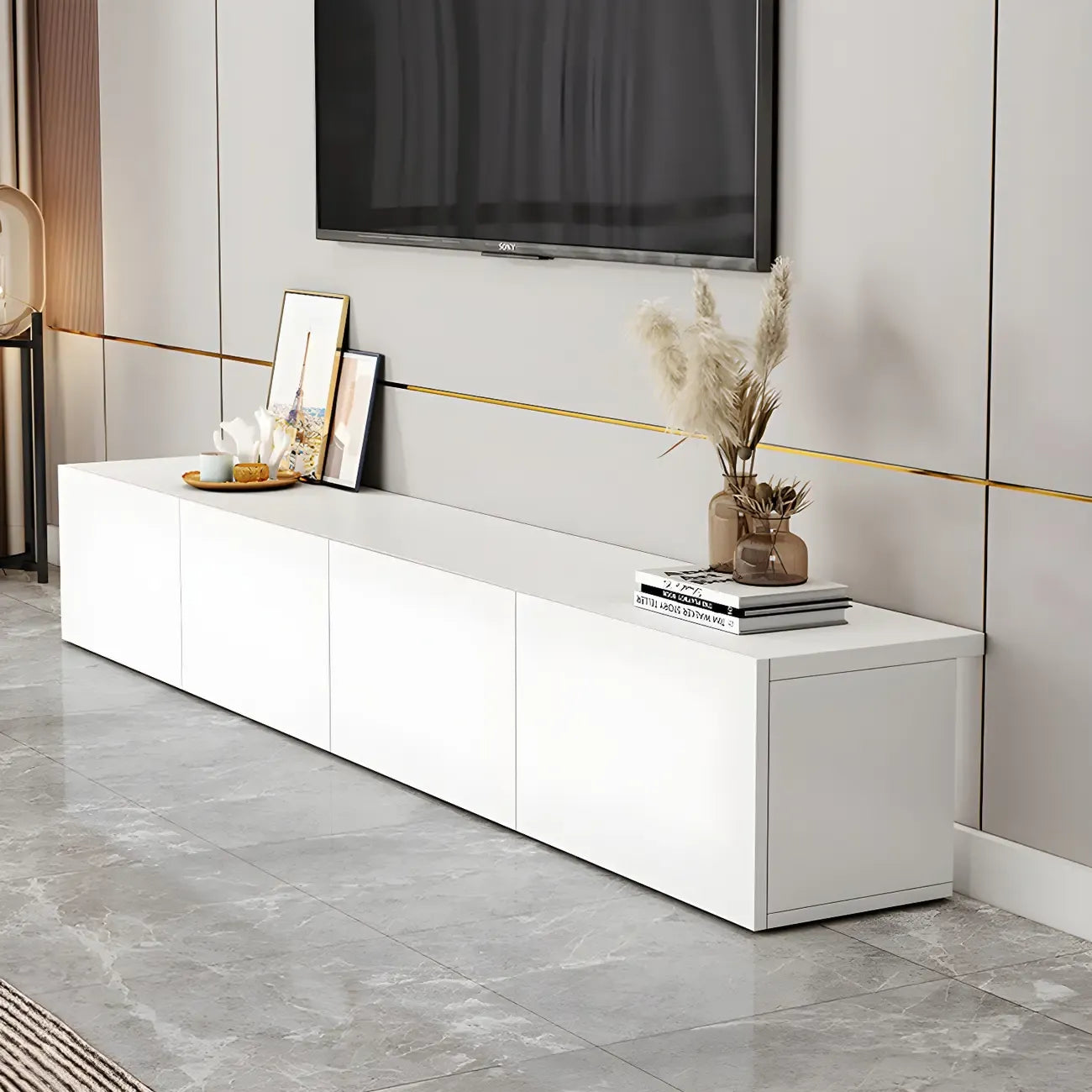63 White Wooden Cable Management TV Stand with Drawers