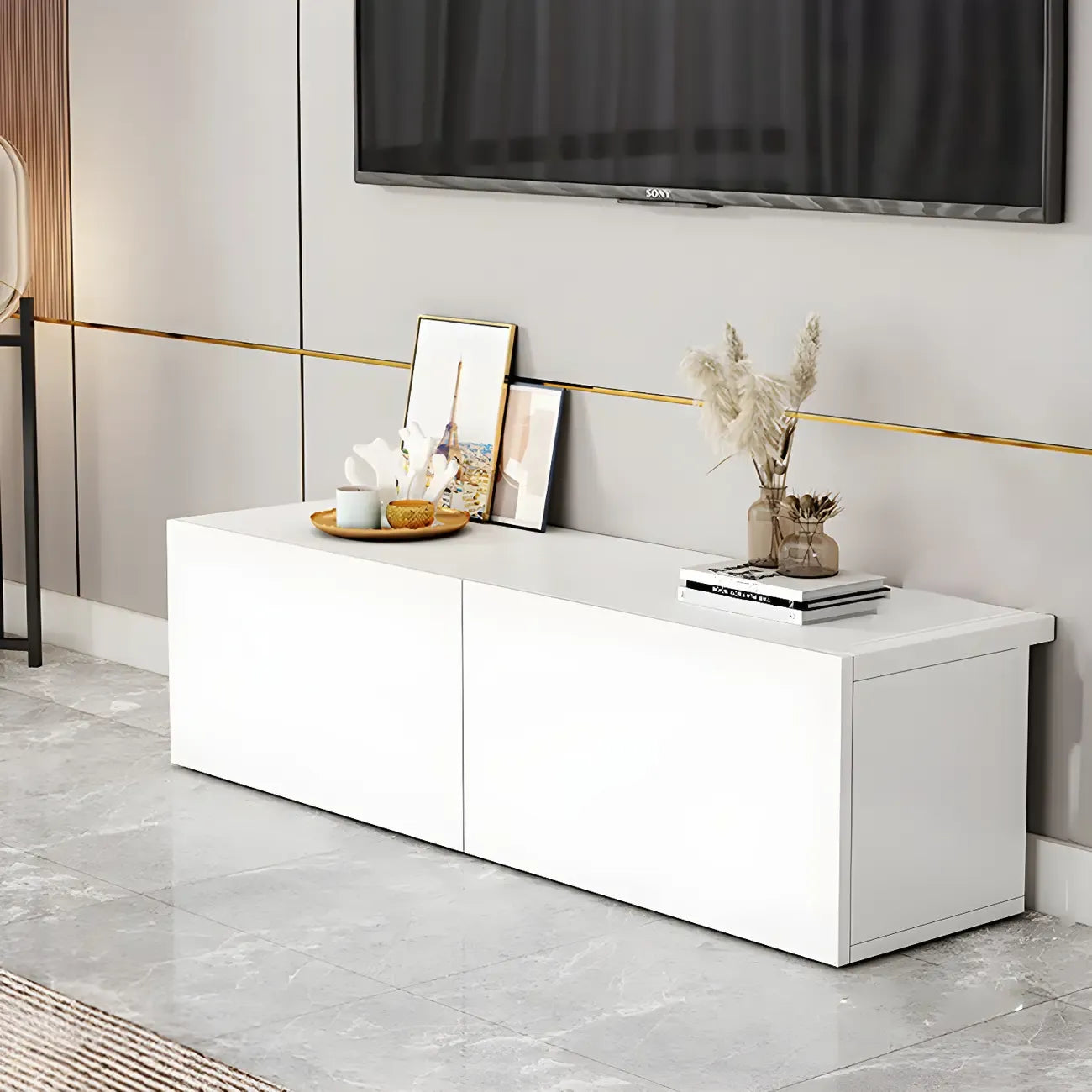 63 White Wooden Cable Management TV Stand with Drawers
