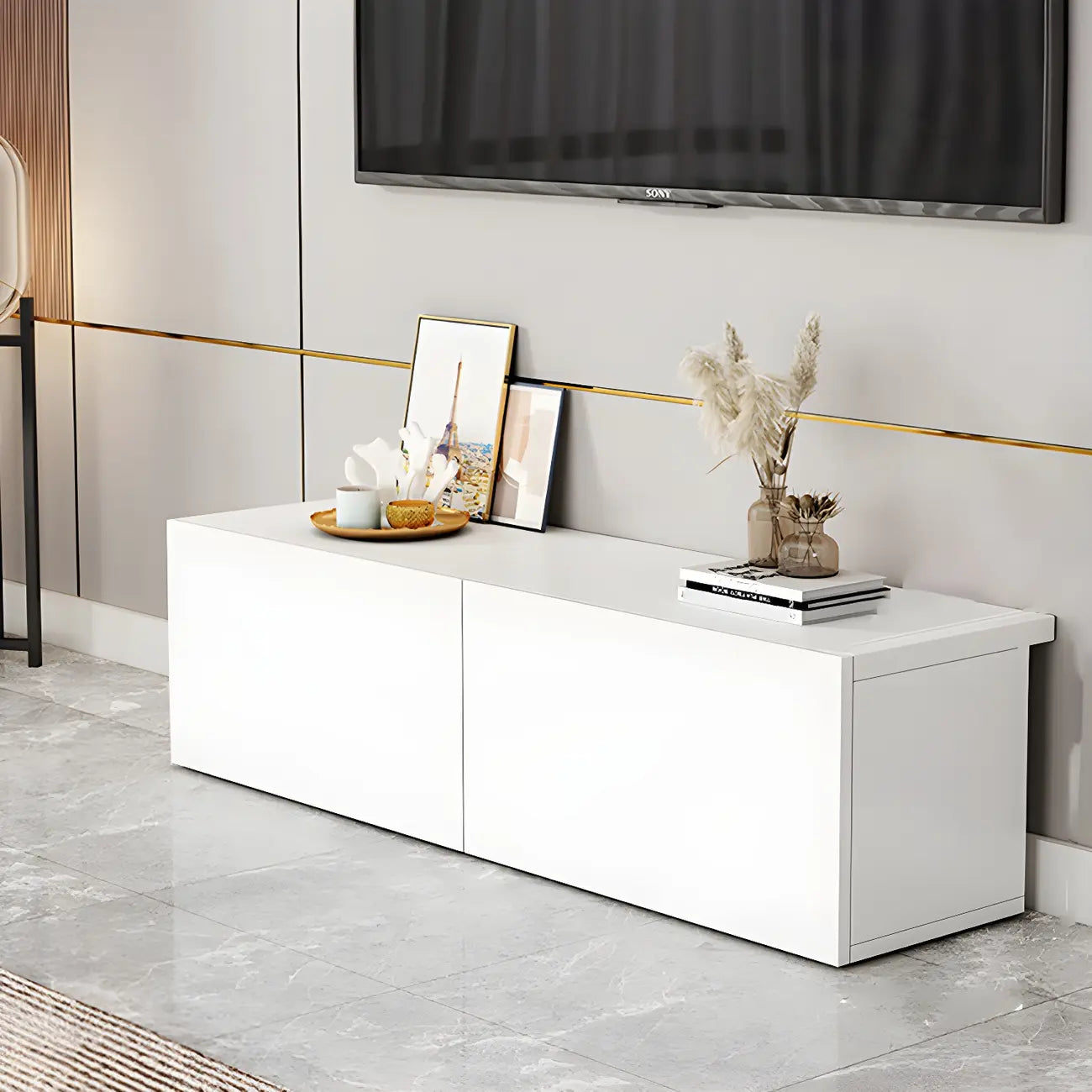 63 White Wooden Cable Management TV Stand with Drawers