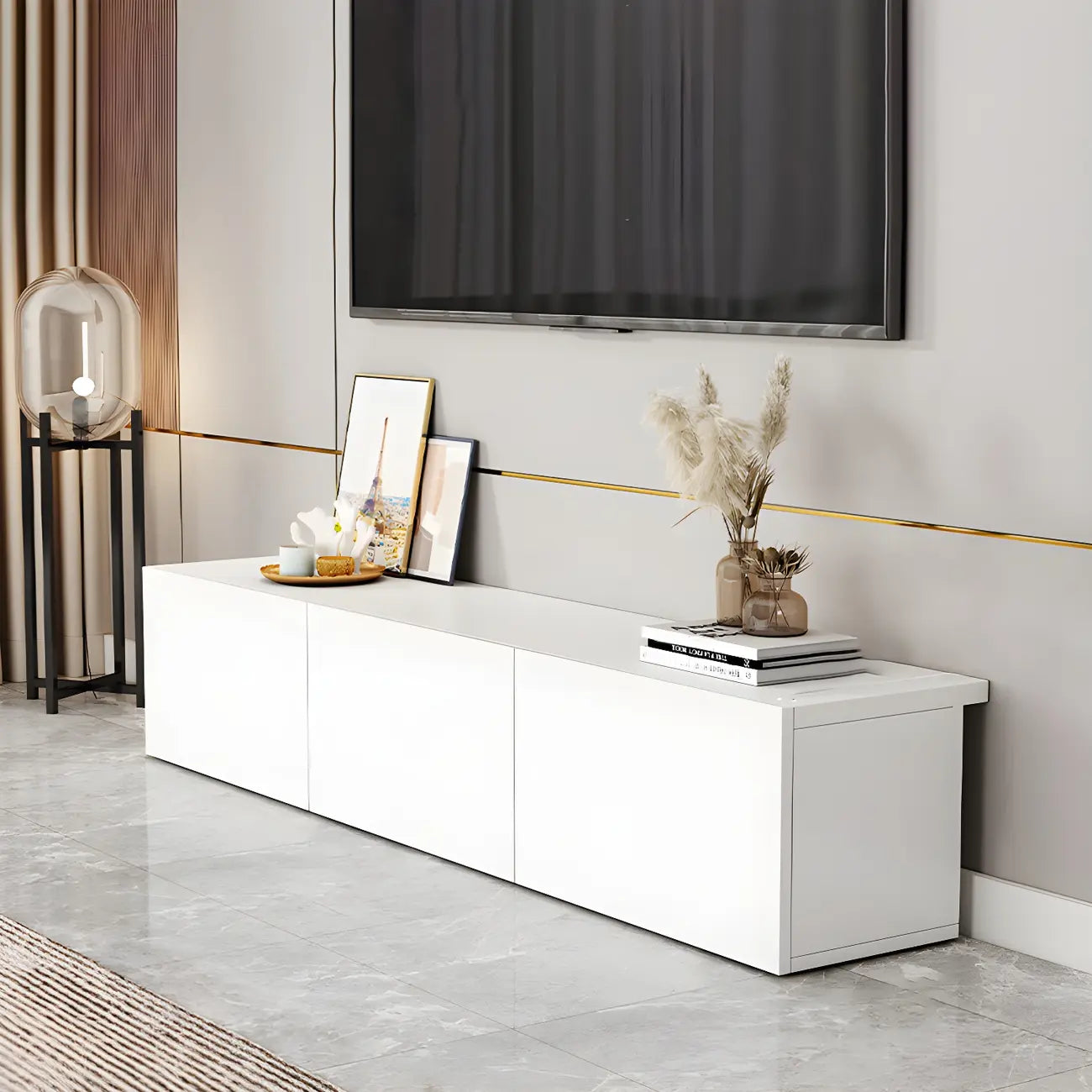 63 White Wooden Cable Management TV Stand with Drawers