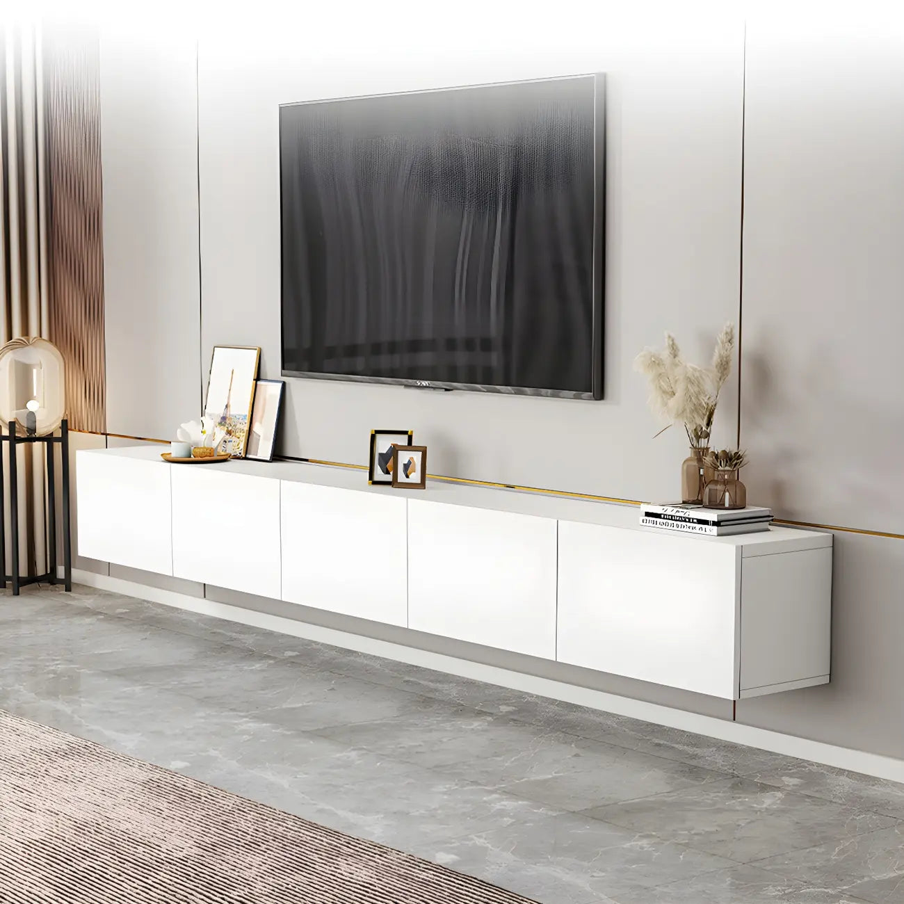 63 White Wooden Cable Management TV Stand with Drawers