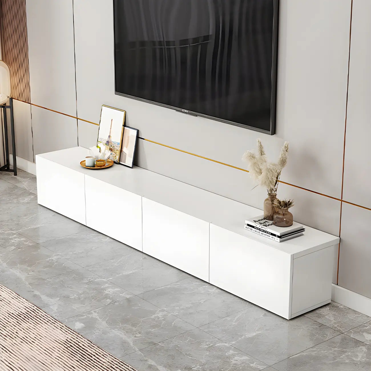 63 White Wooden Cable Management TV Stand with Drawers