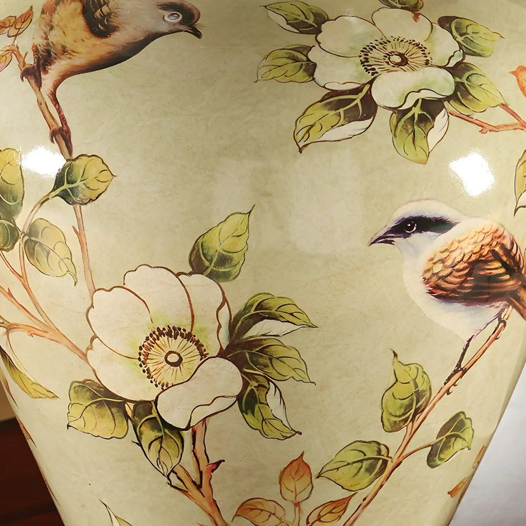 HomeyFad Classical Light Yellow Fabric Shade Floral Ceramic Table Lamp