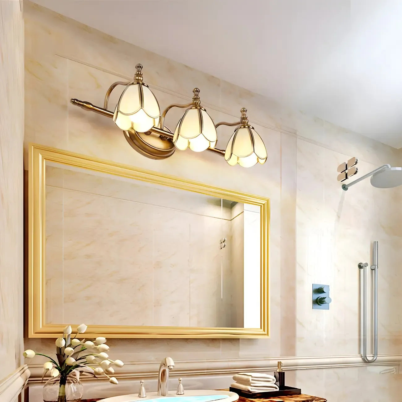 3-Light Vintage Brass Floral Bathroom Vanity Light