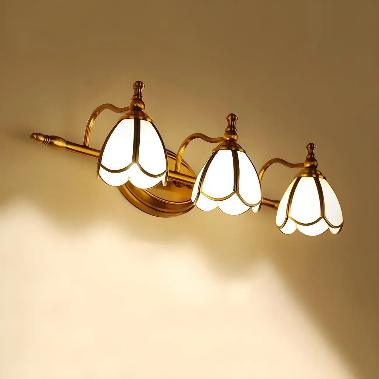3-Light Vintage Brass Floral Bathroom Vanity Light