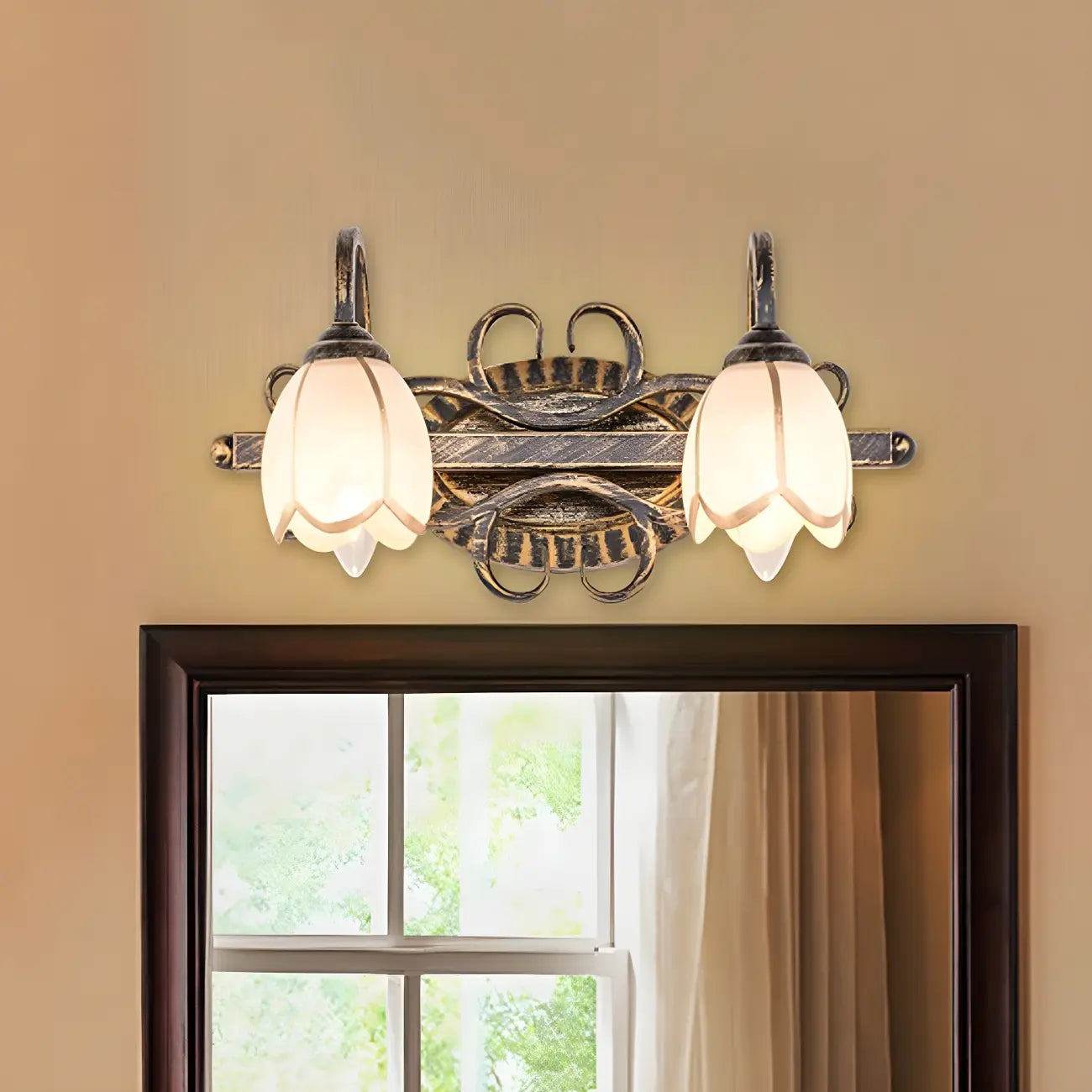 Antique Brass Flower Glass Vintage Bathroom Vanity Light