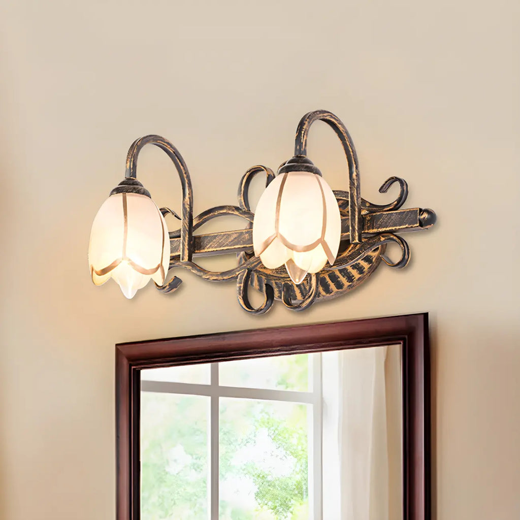 Antique Brass Flower Glass Vintage Bathroom Vanity Light