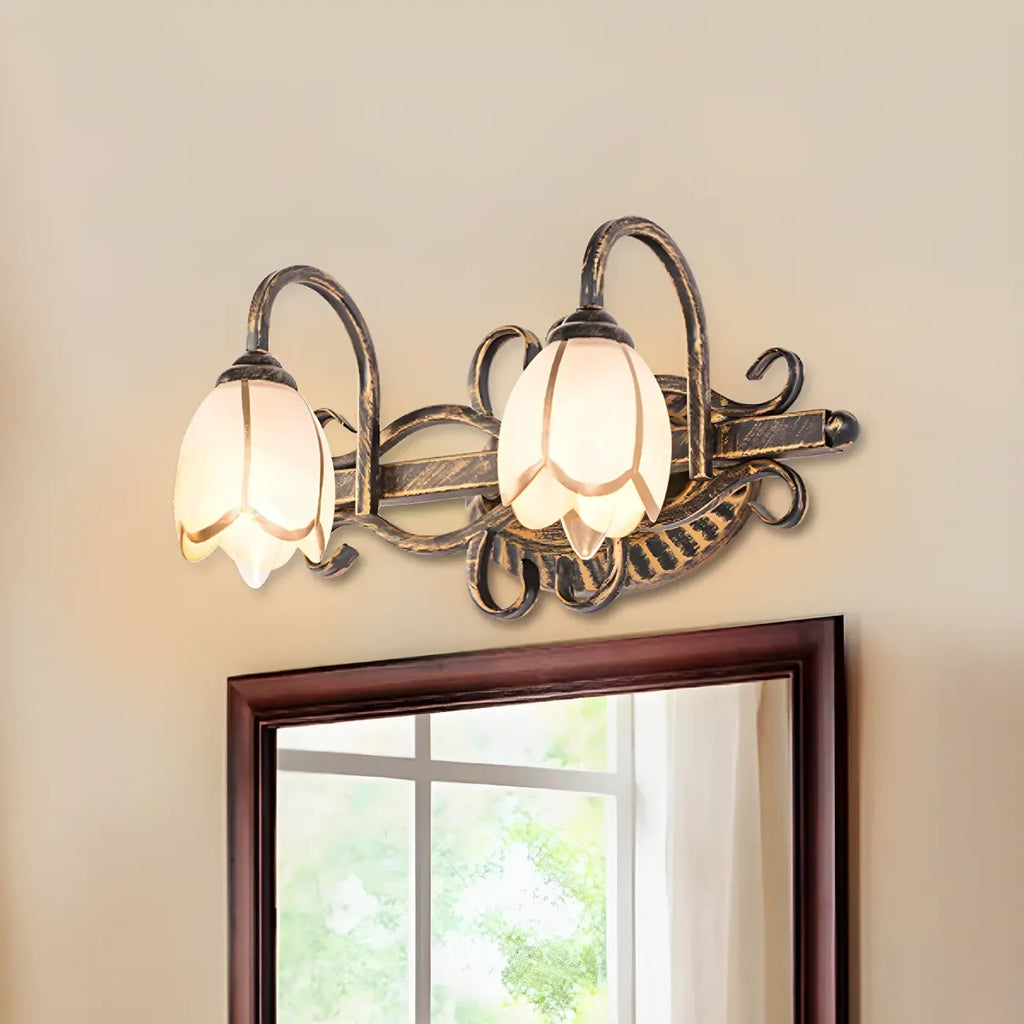 Antique Brass Flower Glass Vintage Bathroom Vanity Light