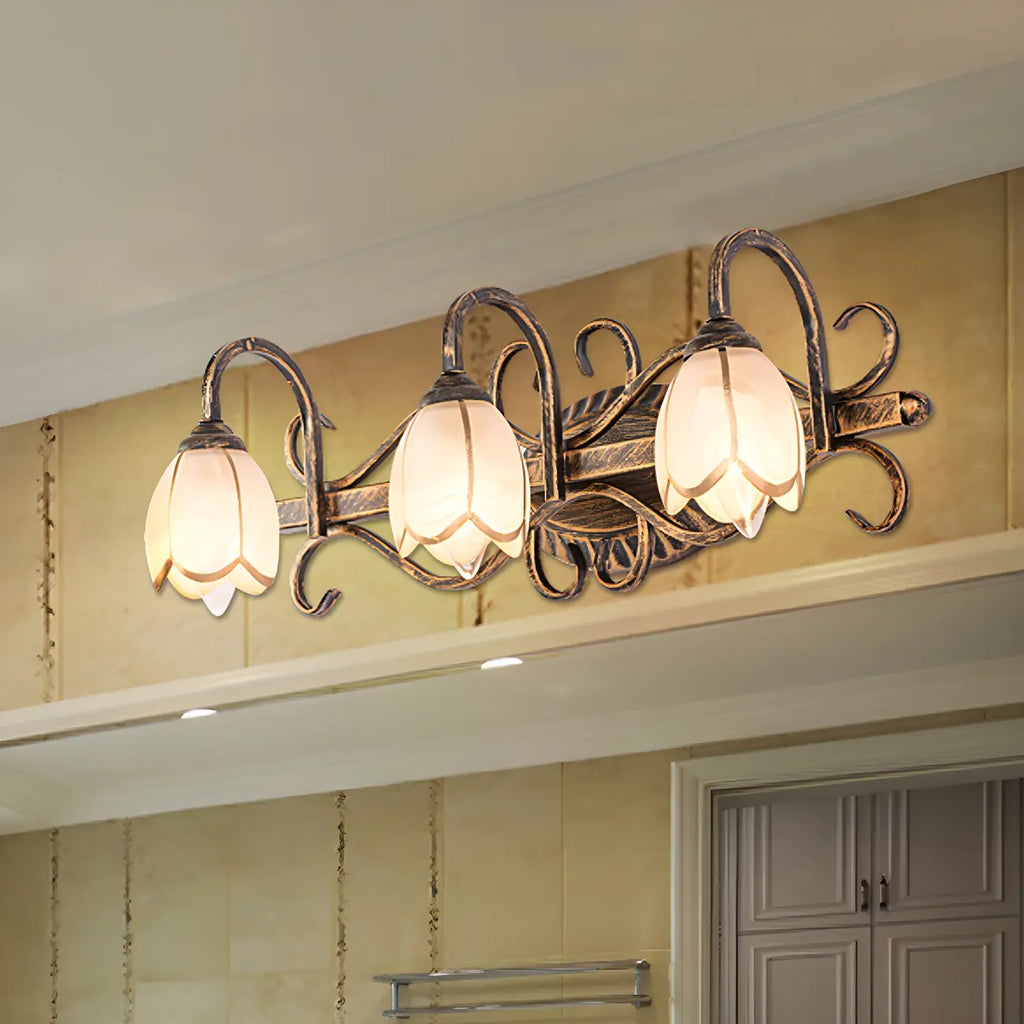 Antique Brass Flower Glass Vintage Bathroom Vanity Light