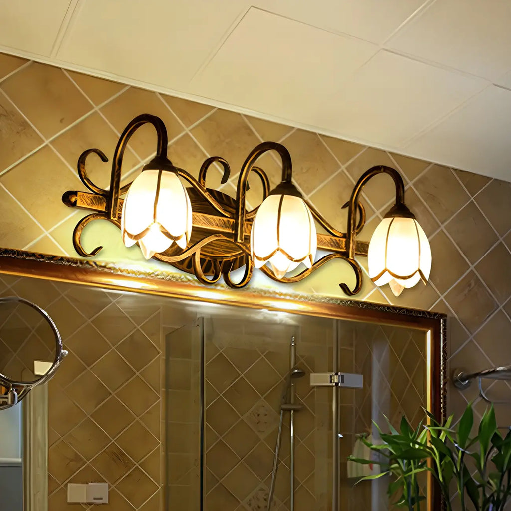 Antique Brass Flower Glass Vintage Bathroom Vanity Light