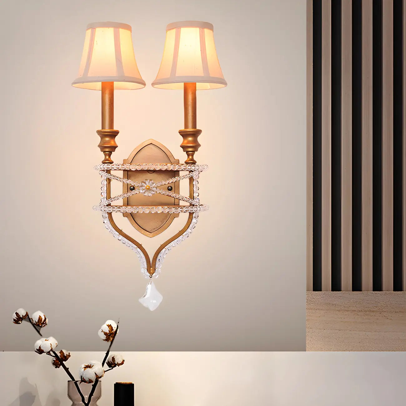 2 Lights Graceful Crystal Wall Sconce with Fabric Shade & LED