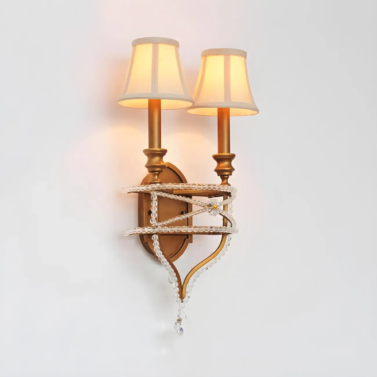 2 Lights Graceful Crystal Wall Sconce with Fabric Shade & LED