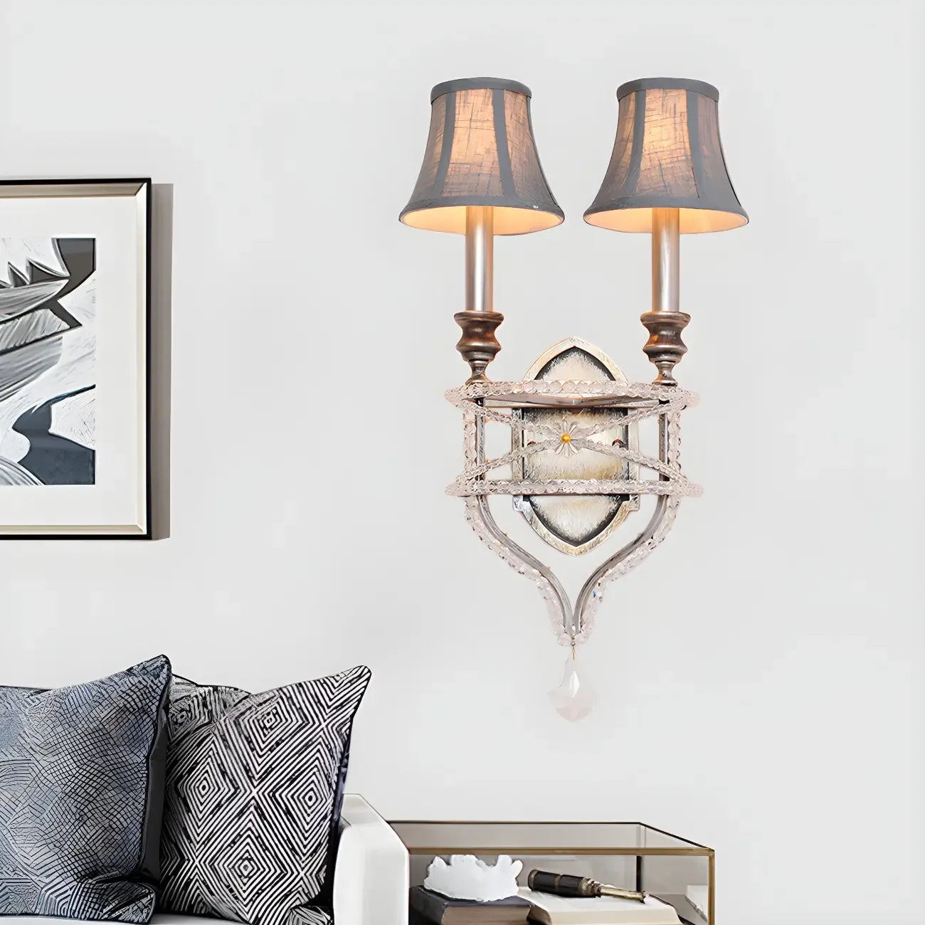 2 Lights Graceful Crystal Wall Sconce with Fabric Shade & LED