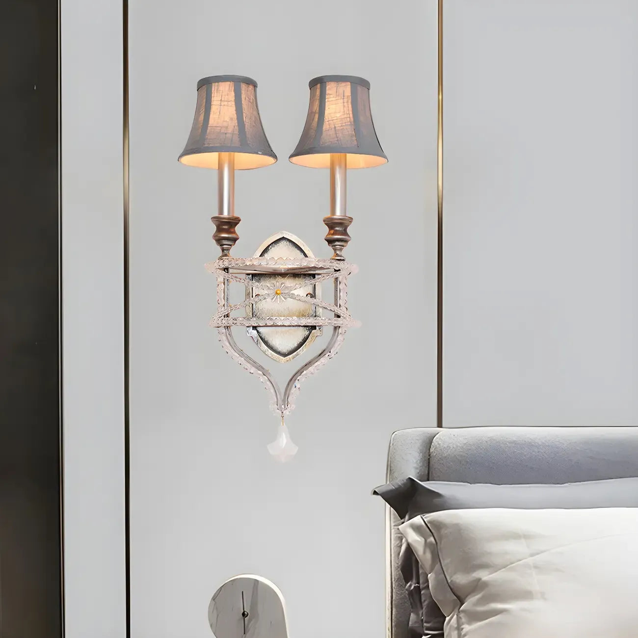2 Lights Graceful Crystal Wall Sconce with Fabric Shade & LED