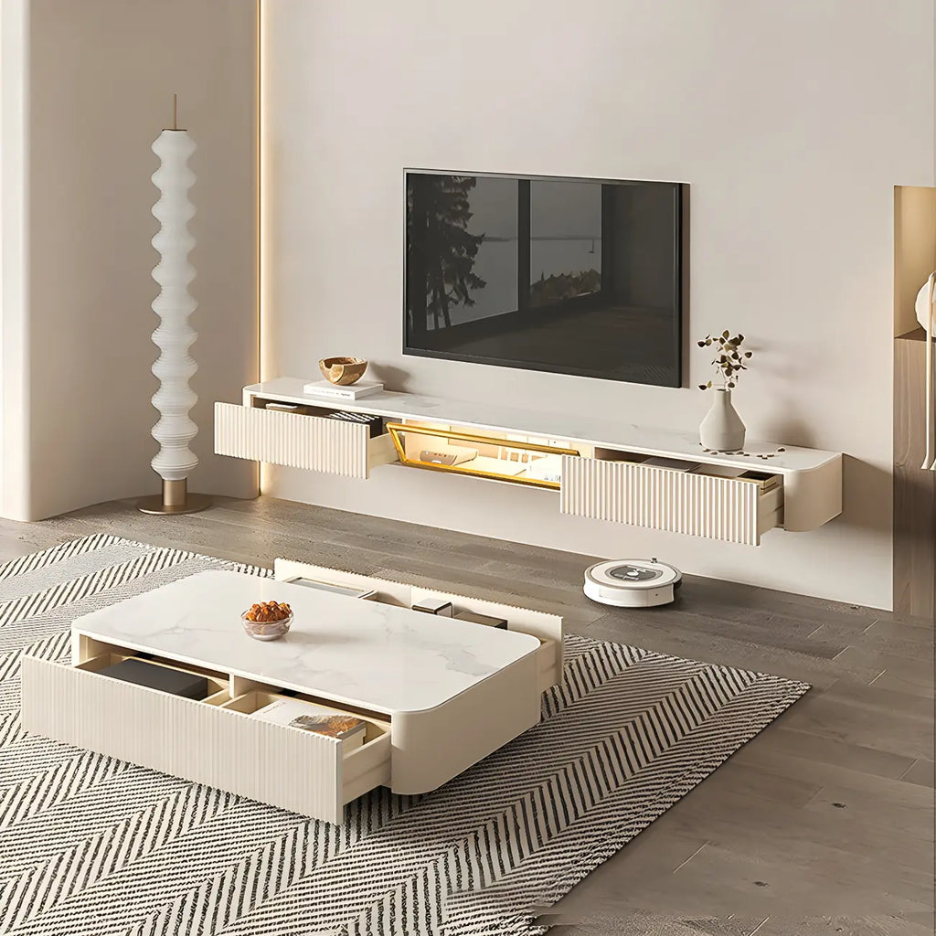 71 Beige Stone Floating TV Stand with Cable Management