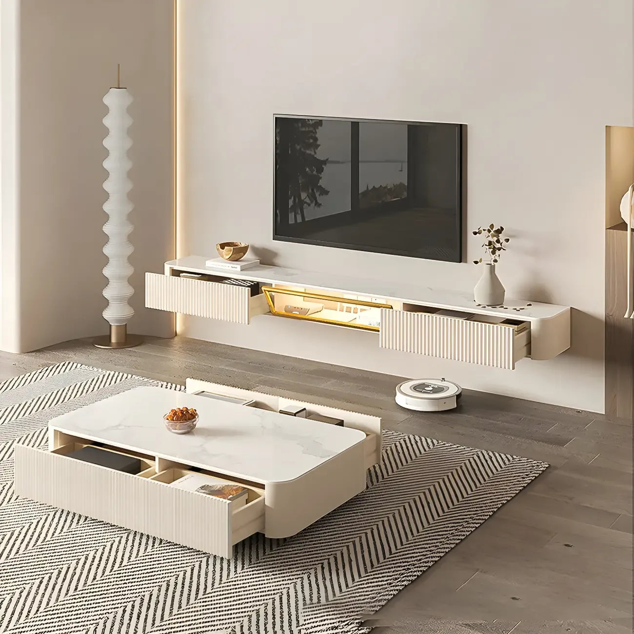 71 Beige Stone Floating TV Stand with Cable Management
