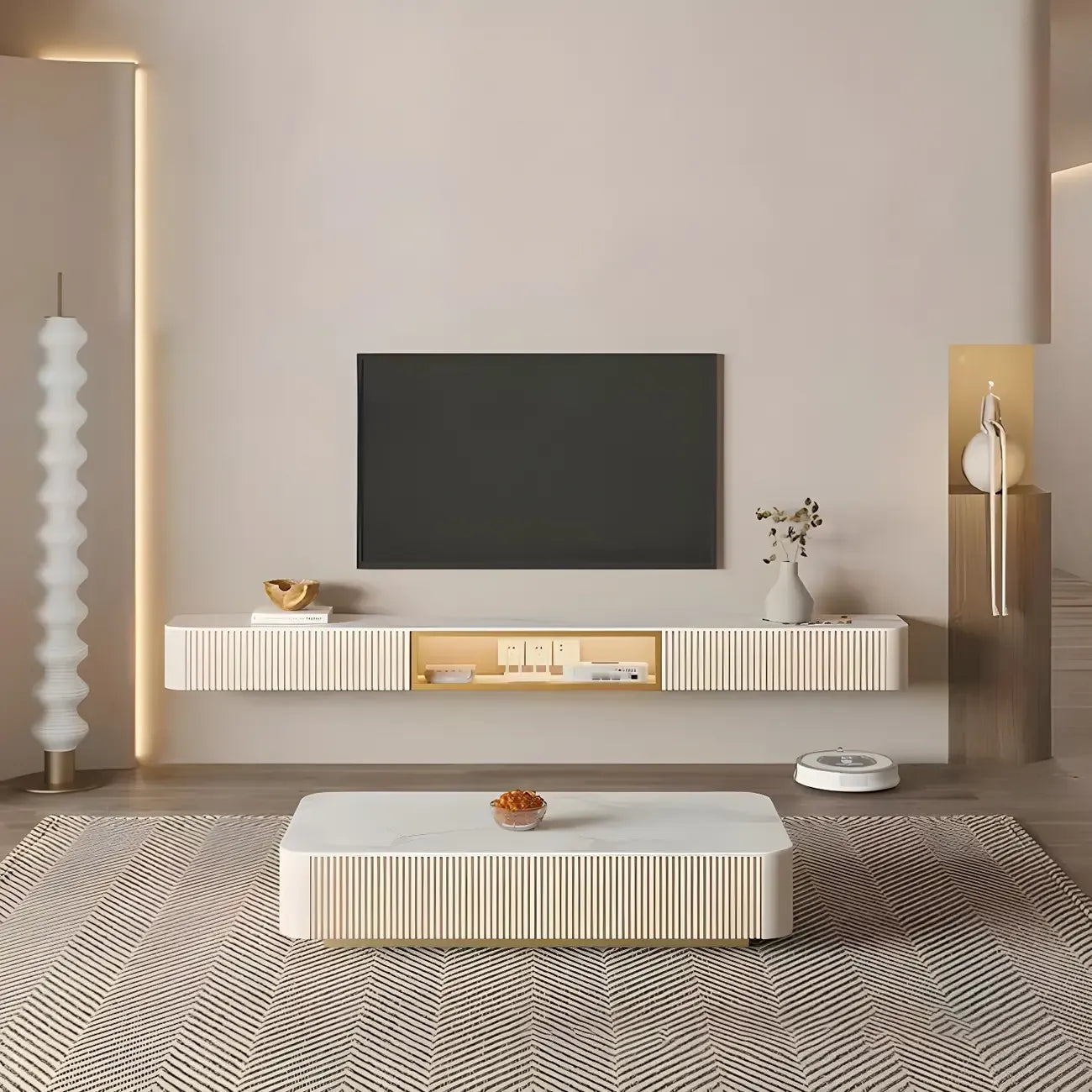 71 Beige Stone Floating TV Stand with Cable Management