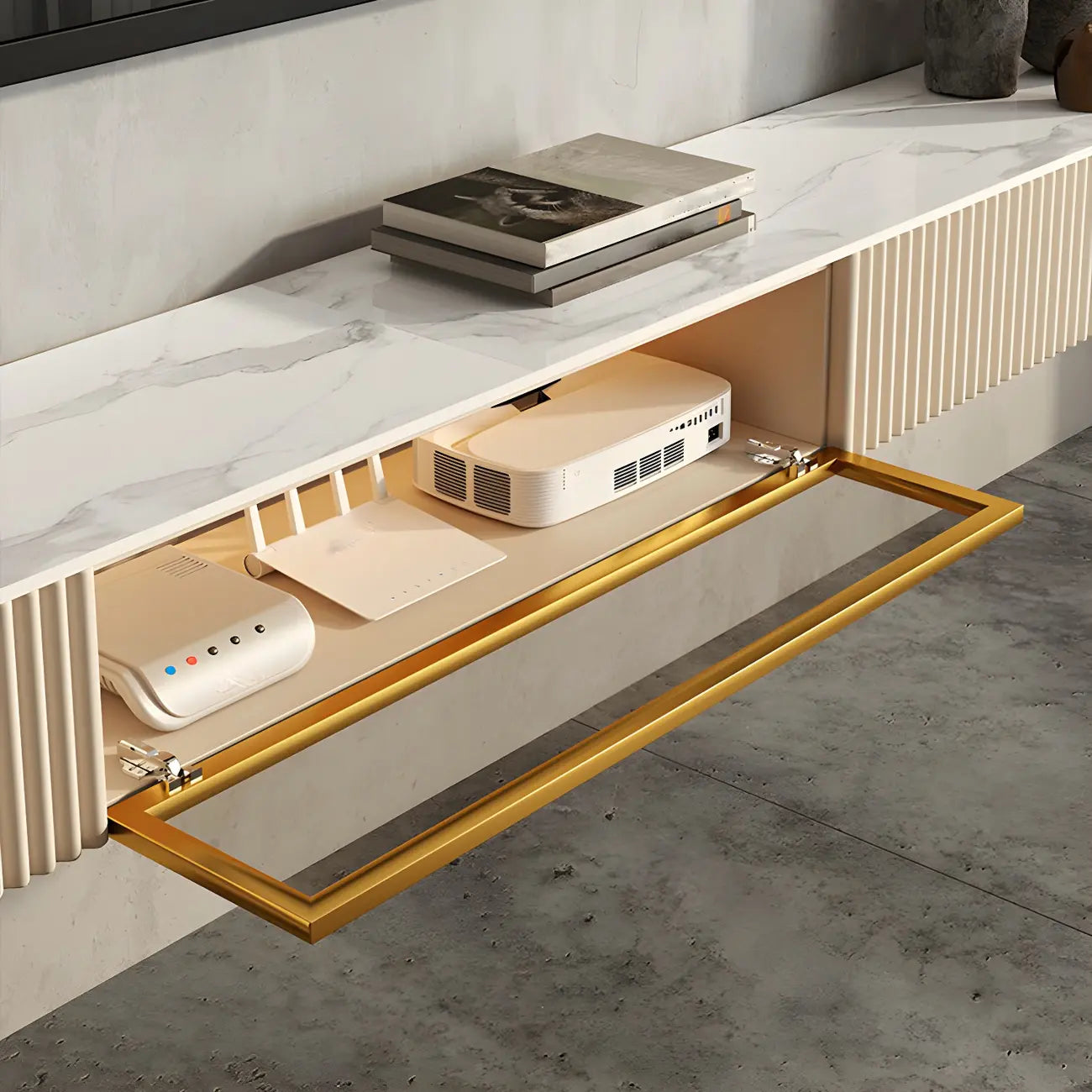 71 Beige Stone Floating TV Stand with Cable Management