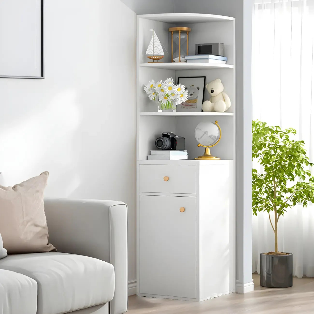 Contemporary White Wood Corner Bookcase with Cabinet