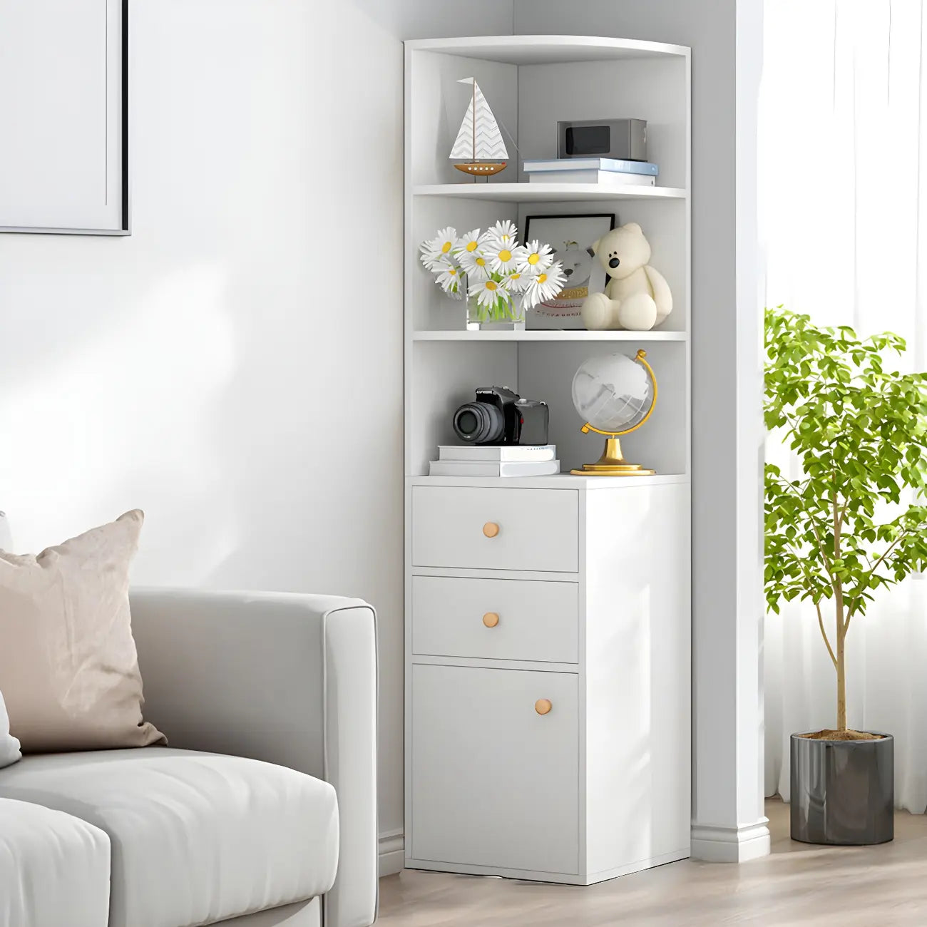 Contemporary White Wood Corner Bookcase with Cabinet