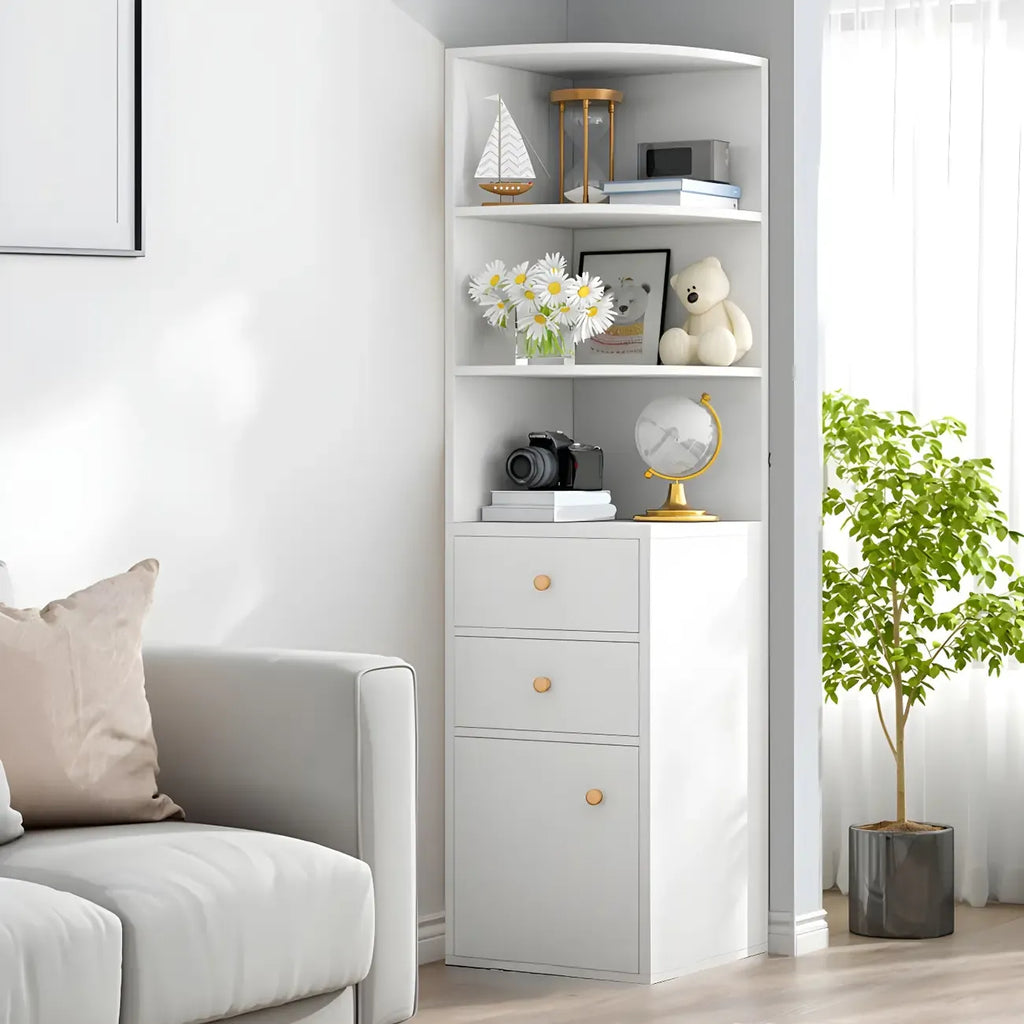 Contemporary White Wood Corner Bookcase with Cabinet