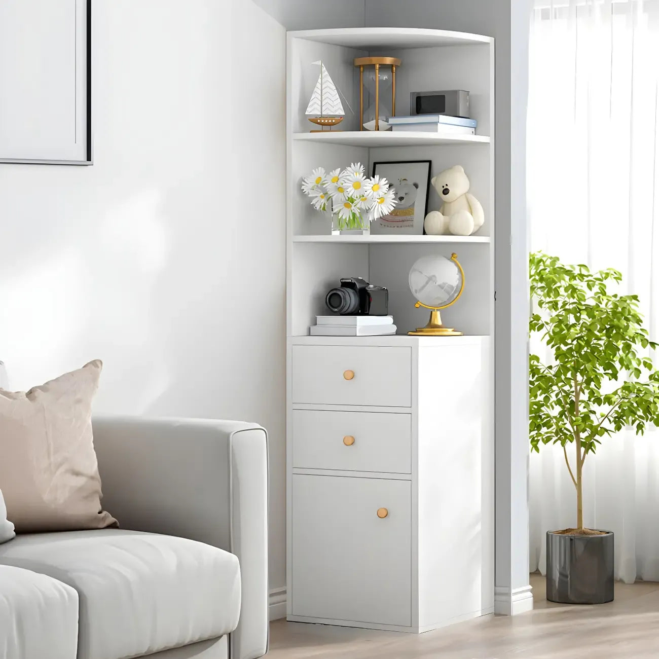 Contemporary White Wood Corner Bookcase with Cabinet
