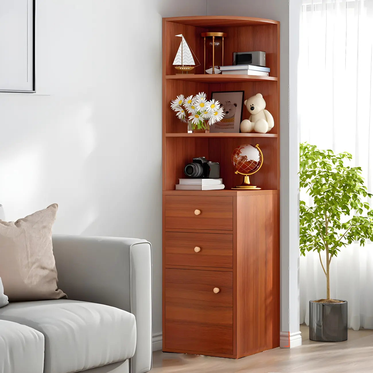 Contemporary White Wood Corner Bookcase with Cabinet
