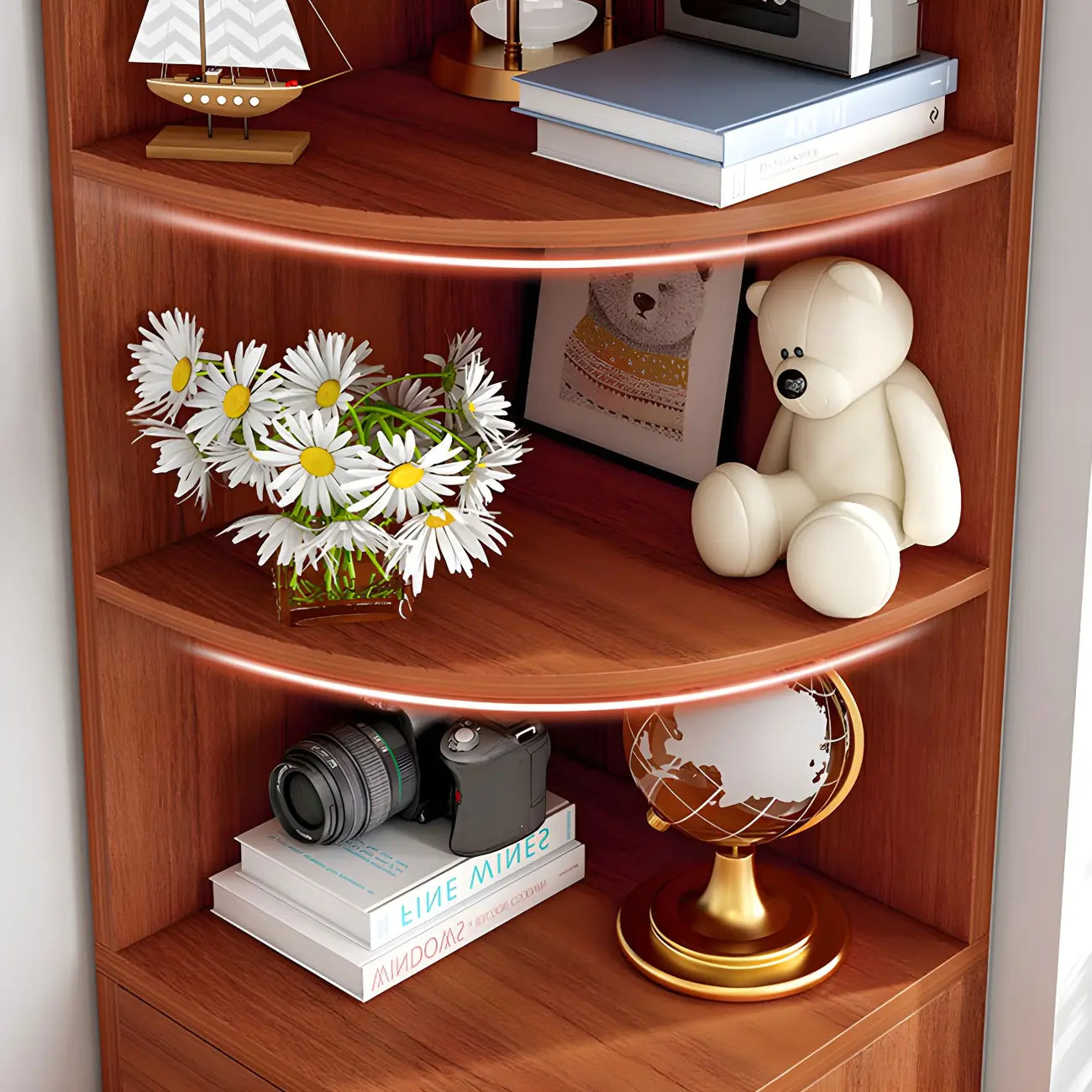 Contemporary White Wood Corner Bookcase with Cabinet