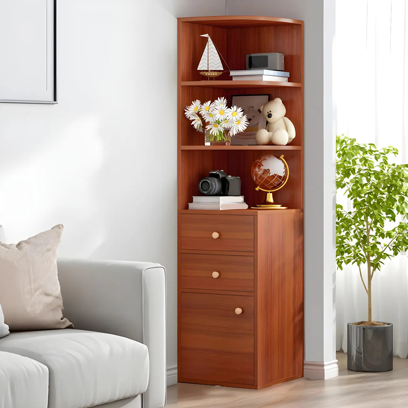 Contemporary White Wood Corner Bookcase with Cabinet