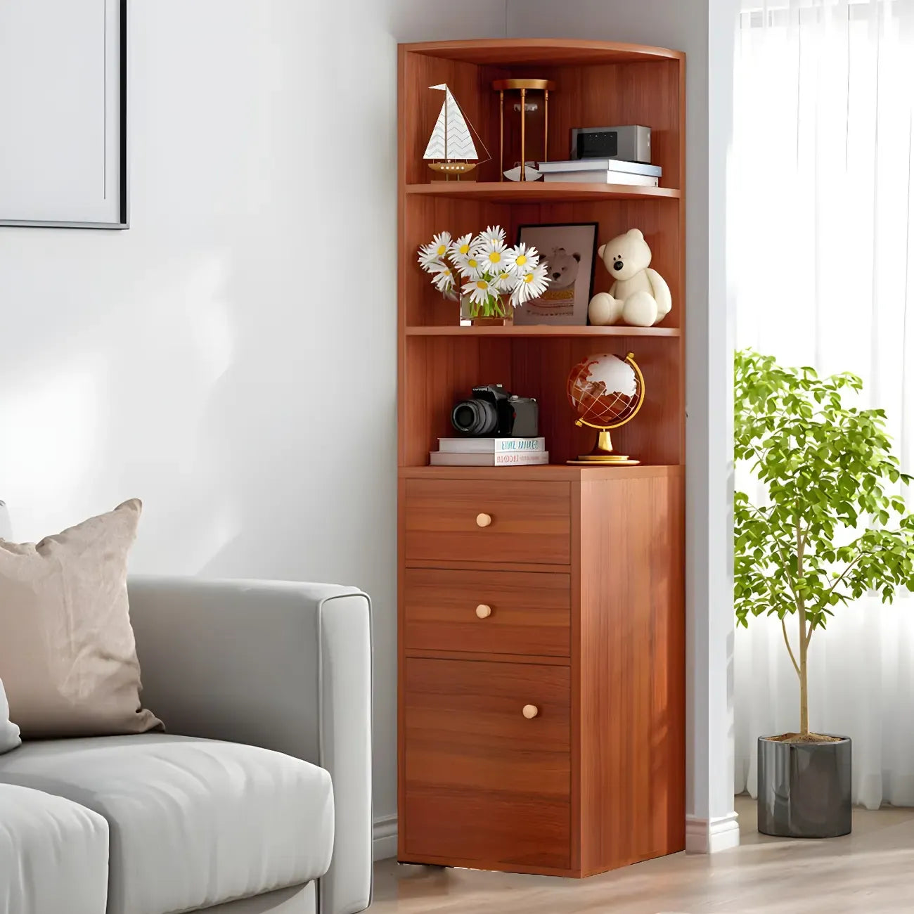 Contemporary White Wood Corner Bookcase with Cabinet