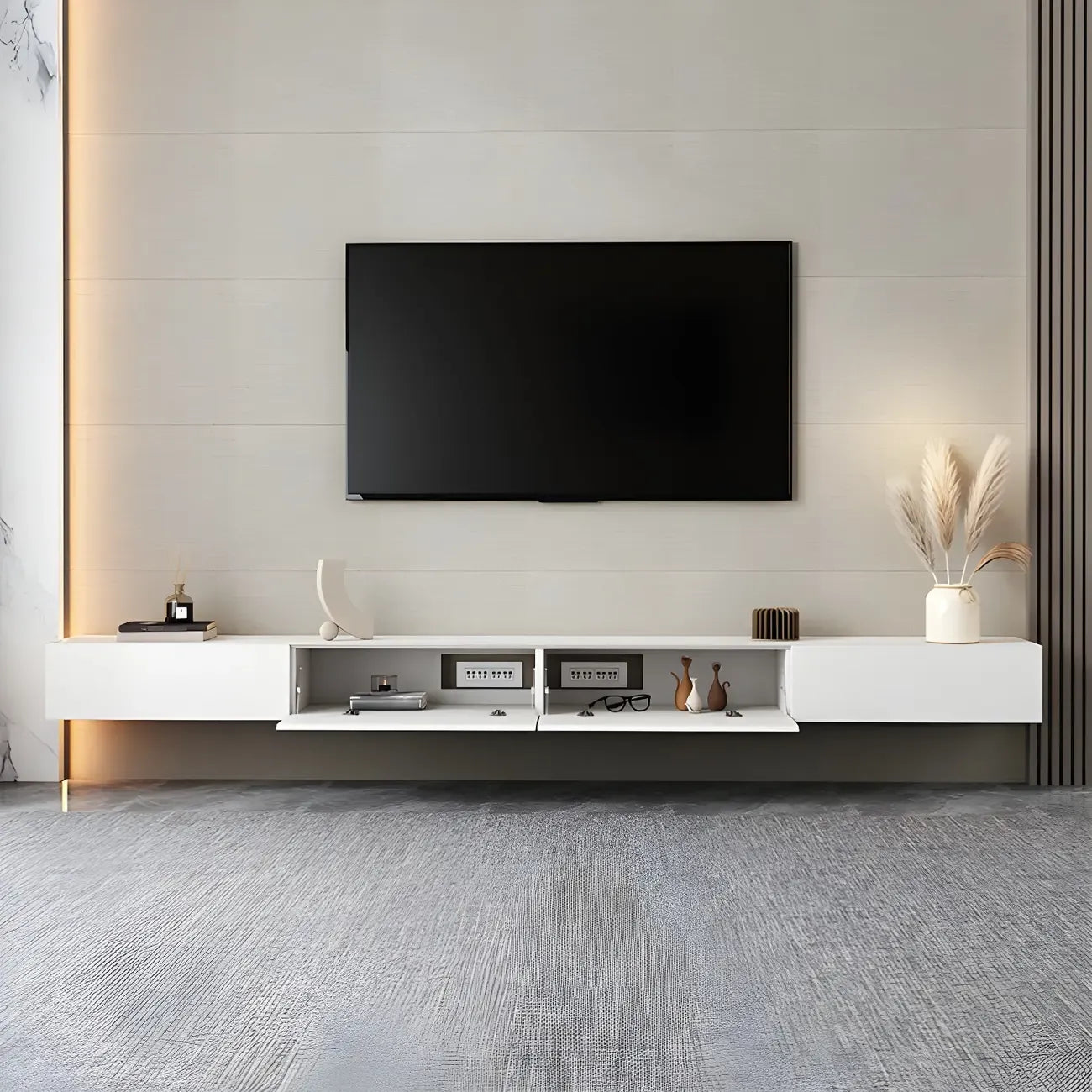 Contemporary Wooden Floating TV Stand in White with Lighting