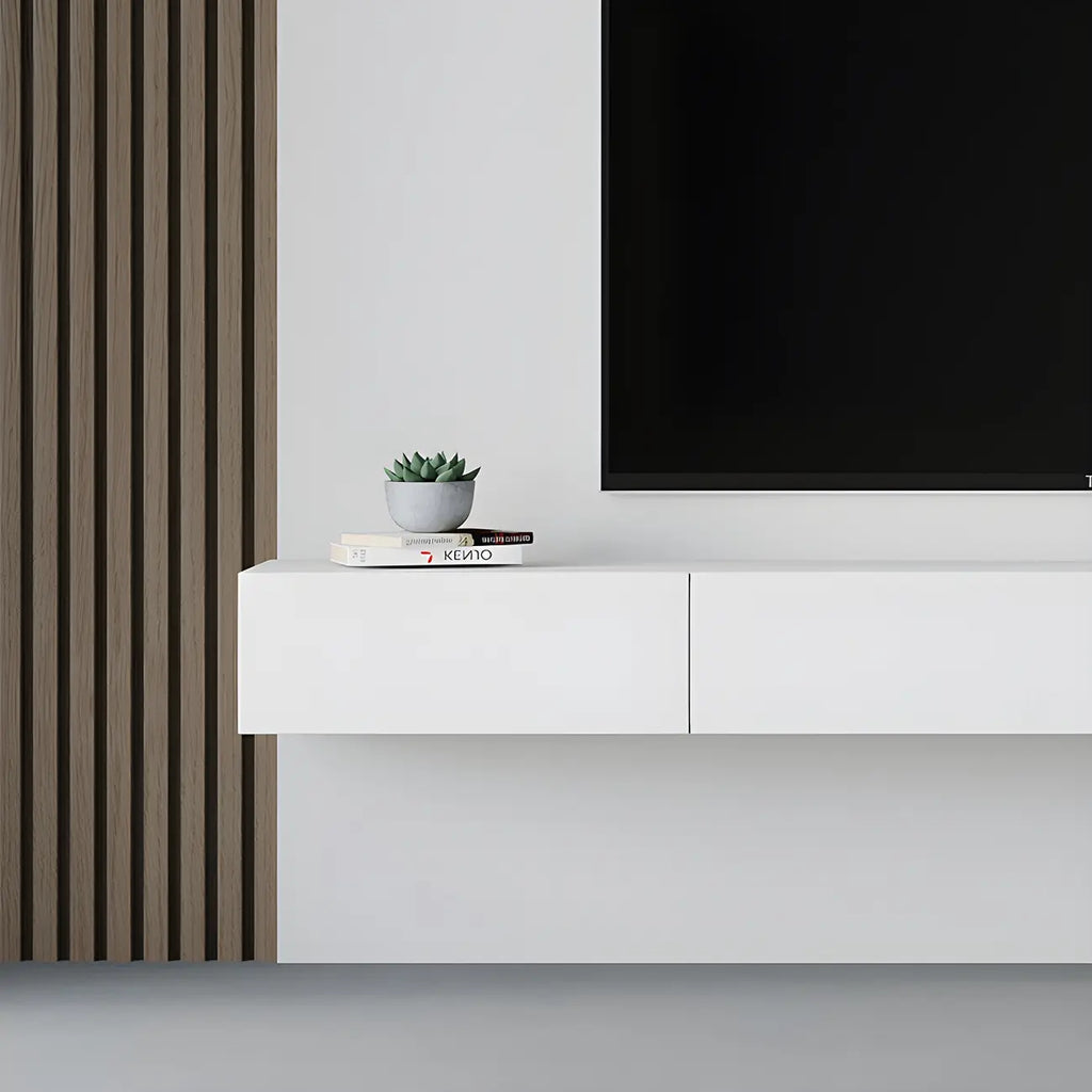Contemporary Wooden Floating TV Stand in White with Lighting