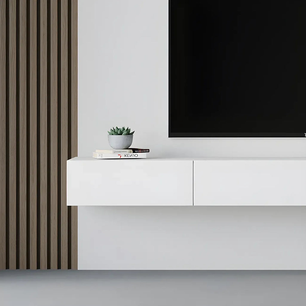 Contemporary Wooden Floating TV Stand in White with Lighting