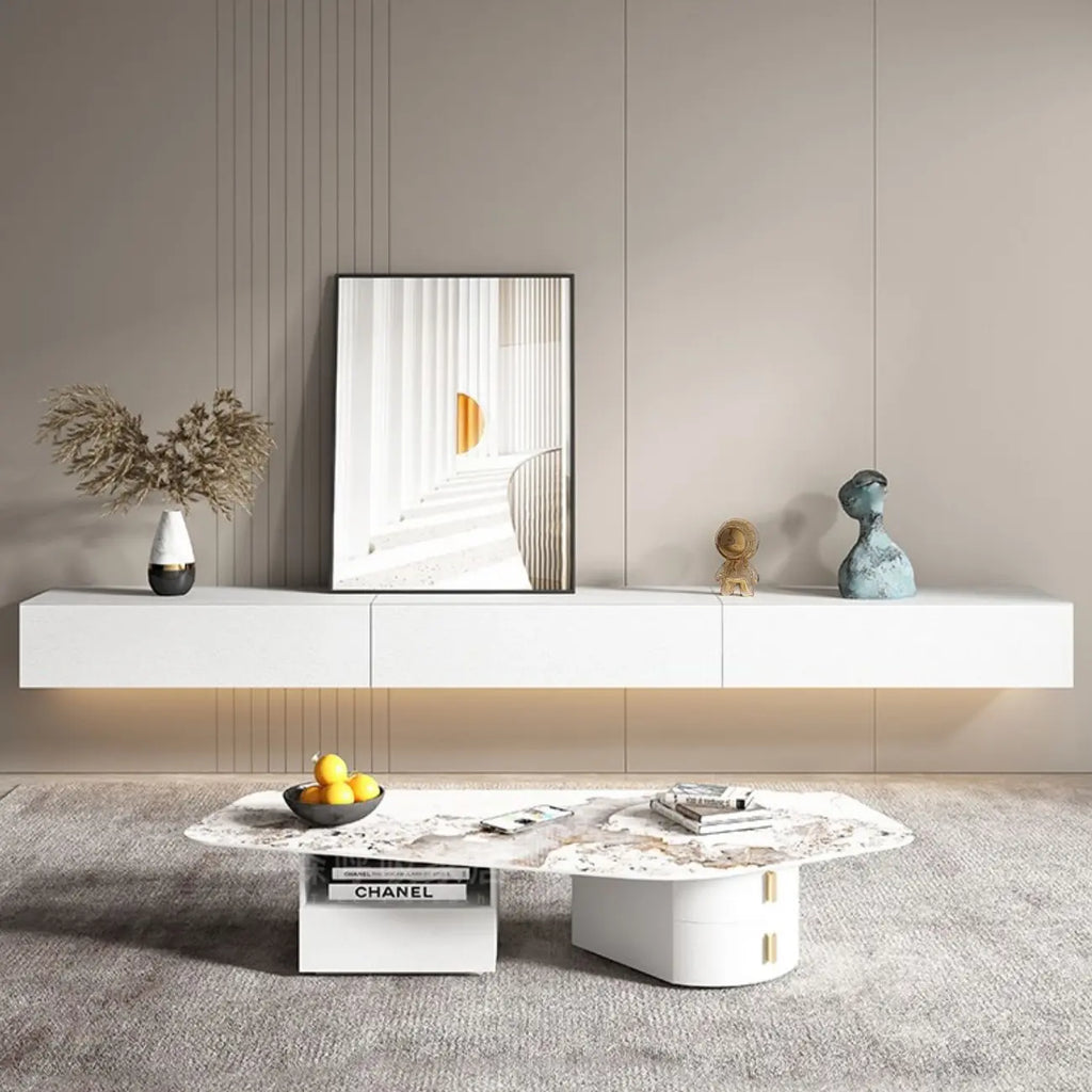 Contemporary Wooden Floating TV Stand in White with Lighting