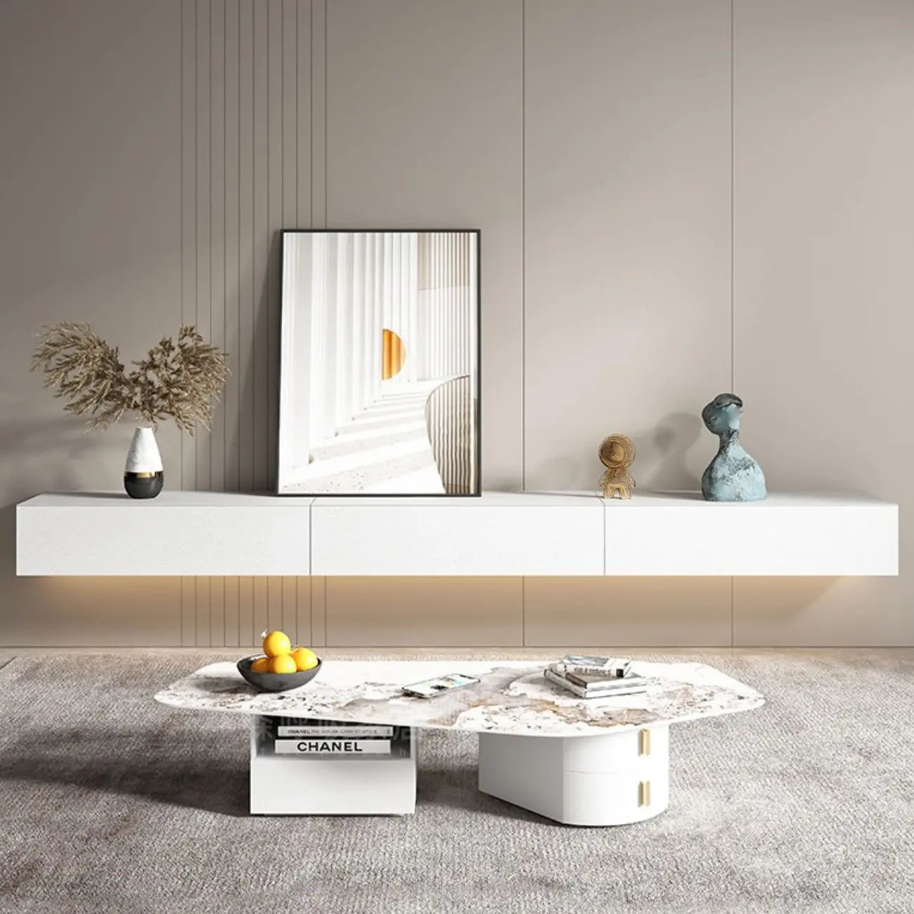 Contemporary Wooden Floating TV Stand in White with Lighting