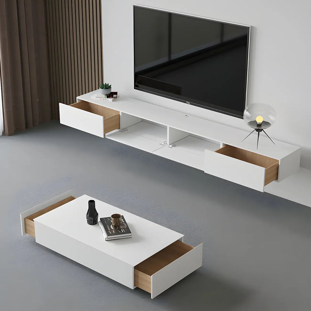 Contemporary Wooden Floating TV Stand in White with Lighting