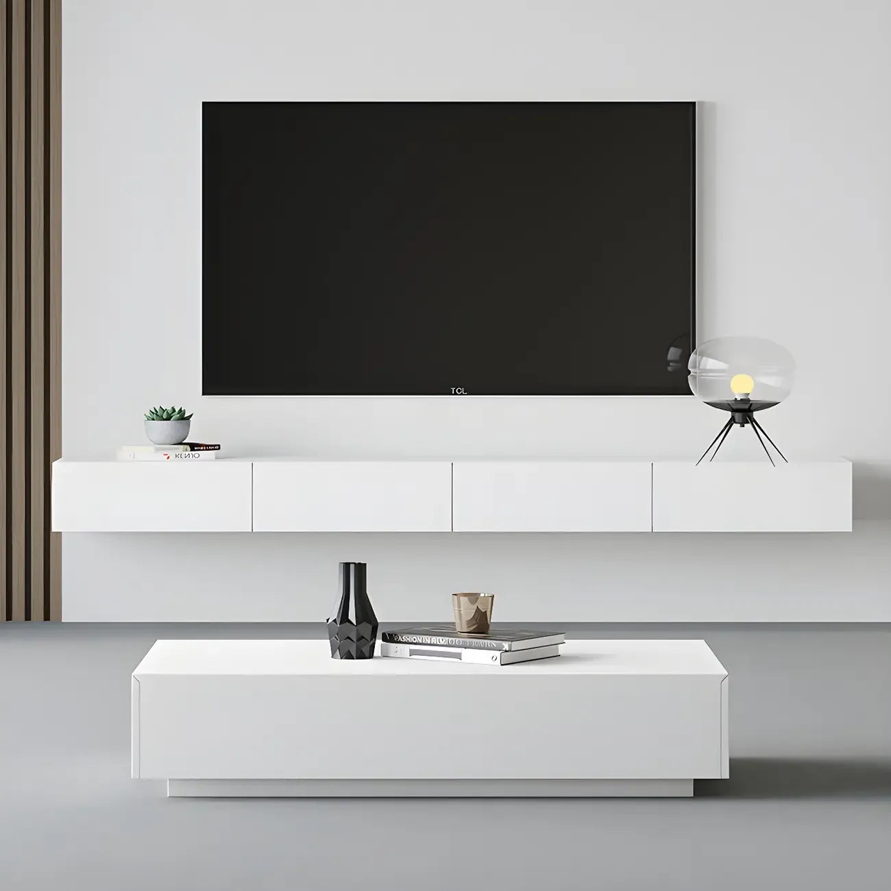 Contemporary Wooden Floating TV Stand in White with Lighting