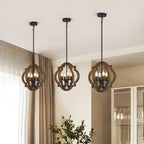 Industrial Adjustable Brown Wood Caged Candelabra Chandelier