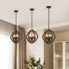 Industrial Adjustable Brown Wood Caged Candelabra Chandelier