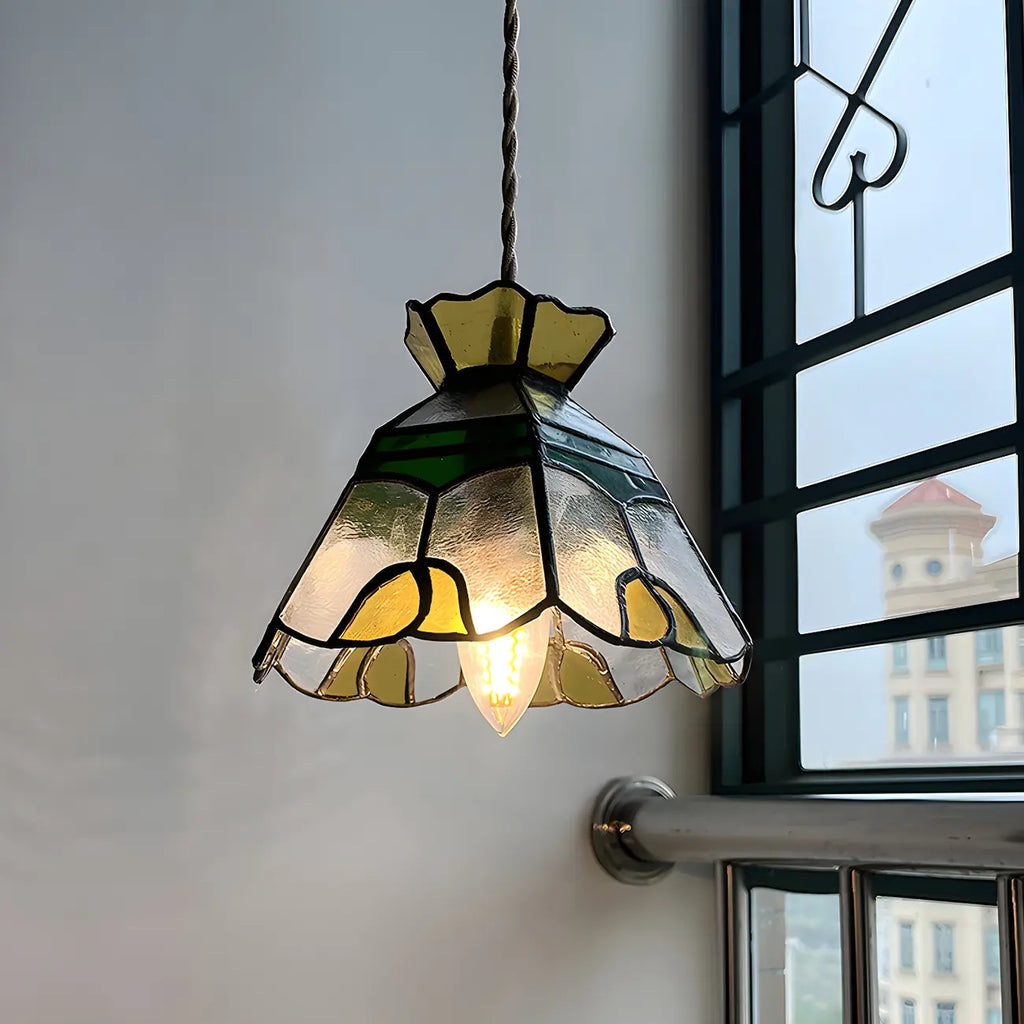 Floral Stained Glass Brass Pendant Light Adjustable Height