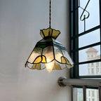 Floral Stained Glass Brass Pendant Light Adjustable Height