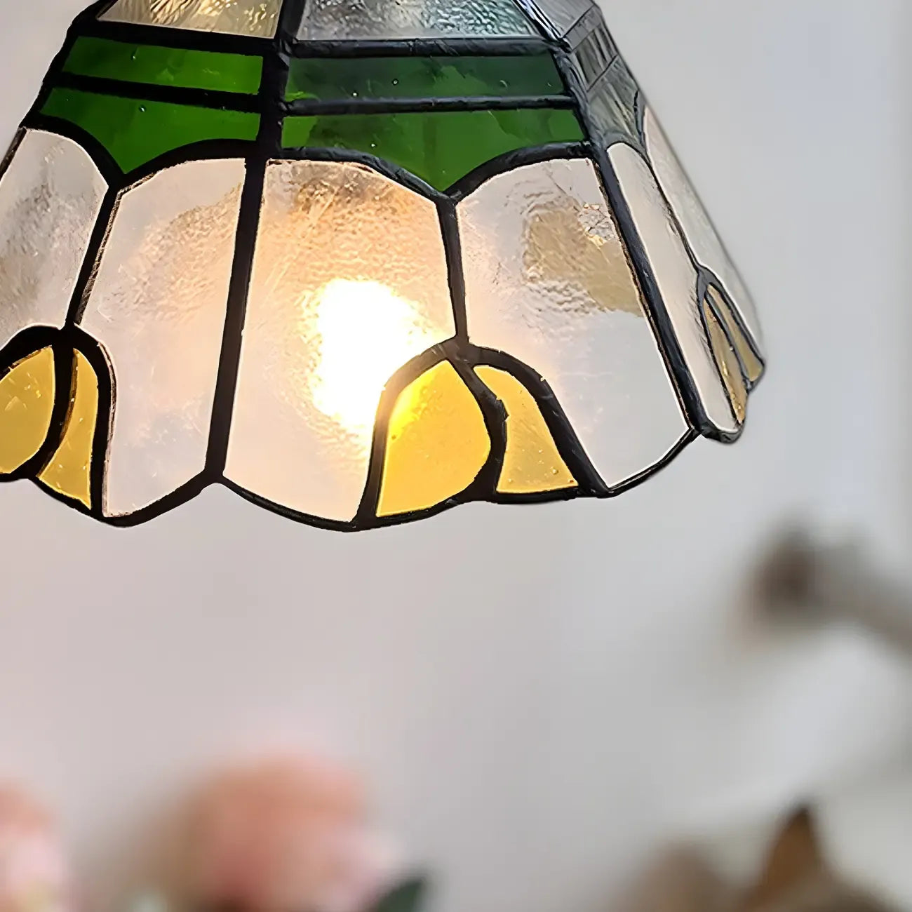 Floral Stained Glass Brass Pendant Light Adjustable Height